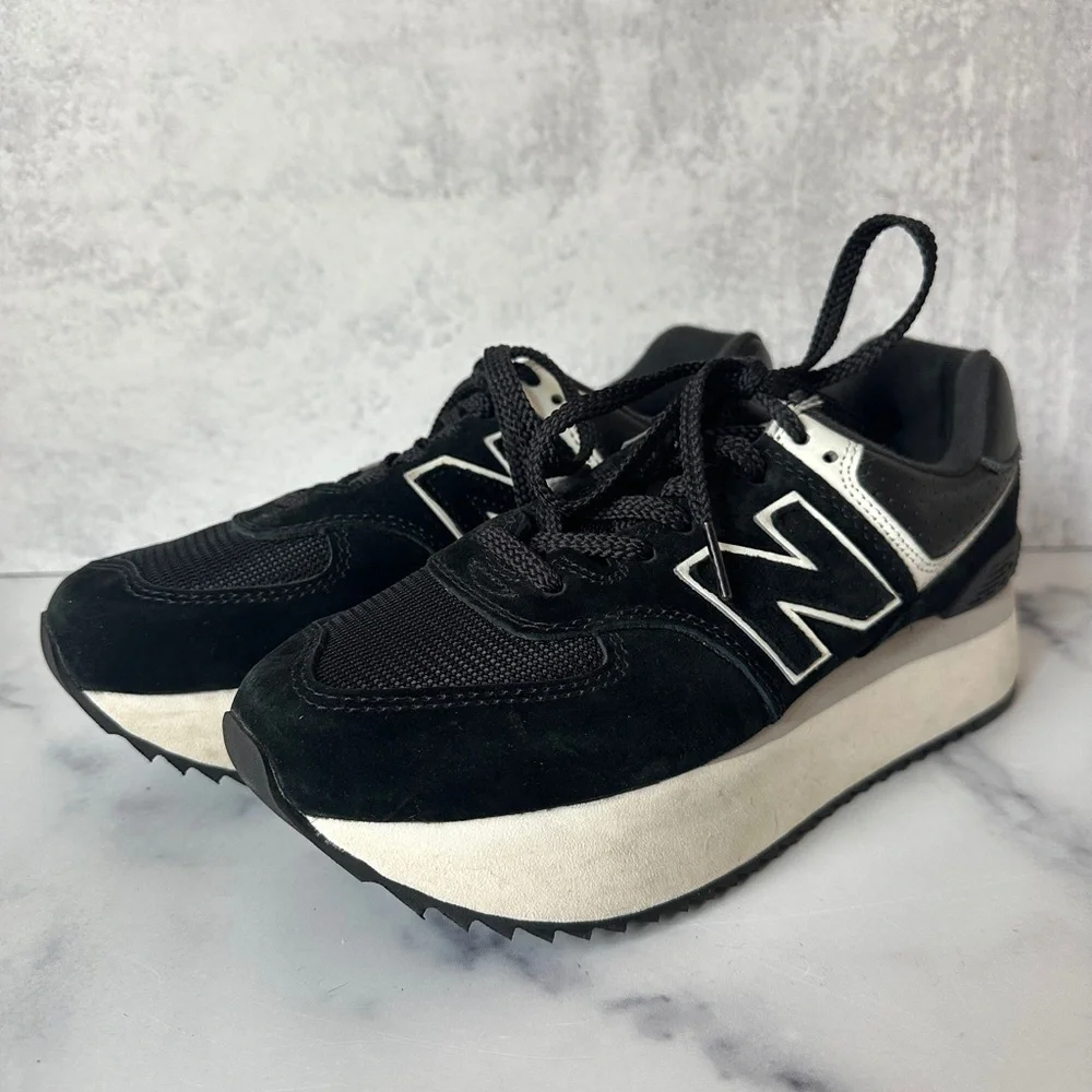 New Balance 574 Black and White Platform Sneakers - Picture 2 of 10